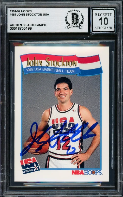 John Stockton Autographed 1991-92 Hoops Card #584 USA Dream Team Auto Grade Gem Mint 10 Beckett BAS #16703499