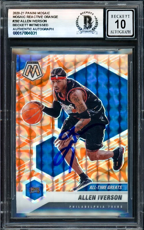 Allen Iverson Autographed 2020-21 Panini Mosaic Reactive Orange Card #292 Philadelphia 76ers Auto Grade Gem Mint 10 Beckett BAS Witness #17004031