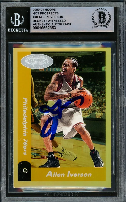 Allen Iverson Autographed 2000-01 Hoops Hot Prospects Card #18 Philadelphia 76ers Beckett BAS Witnessed #16562853