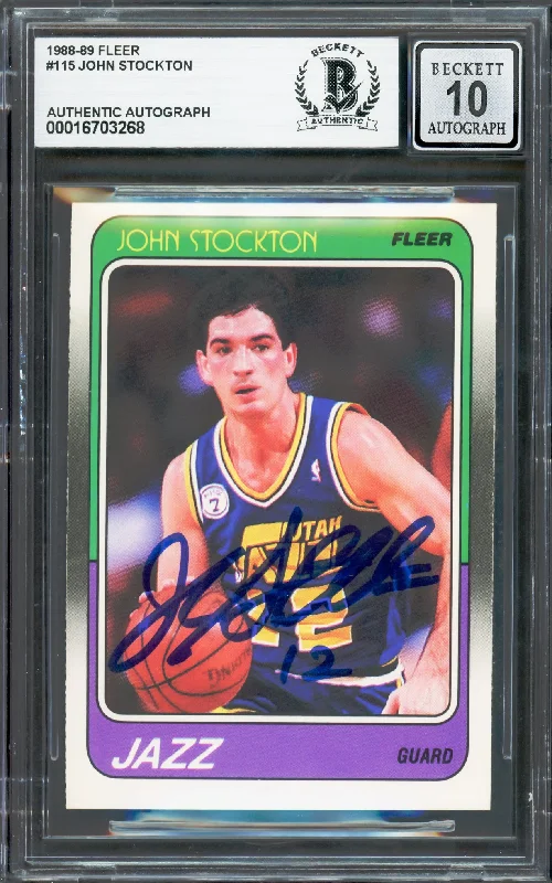 John Stockton Autographed 1988-89 Fleer Rookie Card #115 Utah Jazz Auto Grade Gem Mint 10 Beckett BAS #16703268