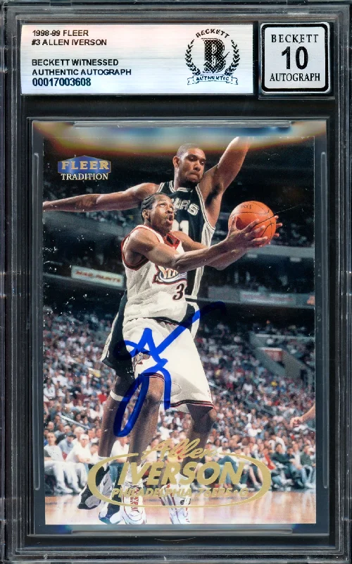 Allen Iverson Autographed 1998-99 Fleer Card #3 Philadelphia 76ers Auto Grade Gem Mint 10 Beckett BAS Witness #17003608