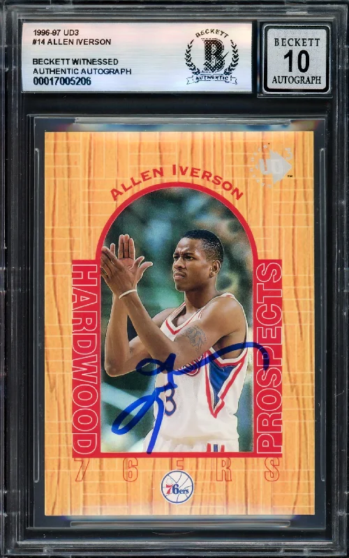 Allen Iverson Autographed 1996-97 UD3 Rookie Card #14 Card Philadelphia 76ers Auto Grade Gem Mint 10 Beckett BAS Witness