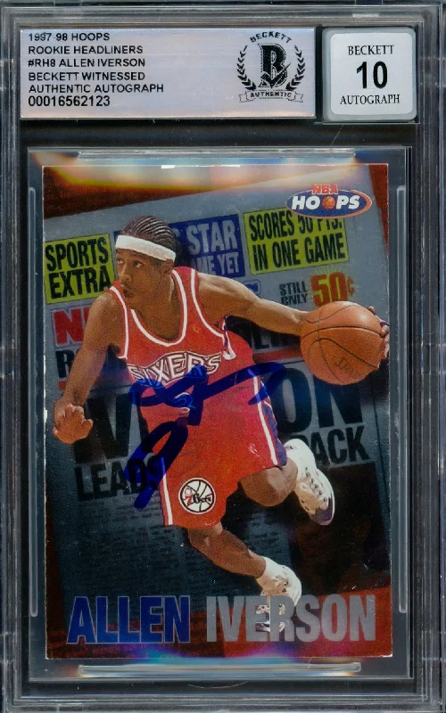 Allen Iverson Autographed 1997-98 Hoops Rookie Headliners Card #RH8 Philadelphia 76ers Auto Grade Gem Mint 10 Beckett BAS Witnessed #16562123