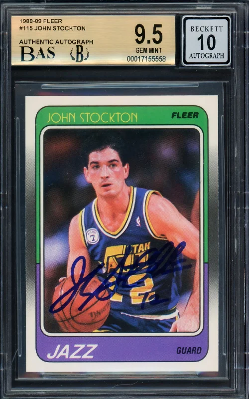 John Stockton Autographed 1988-89 Fleer Rookie Card #115 Utah Jazz BGS 9.5 Auto Grade Gem Mint 10 Beckett BAS #17155558