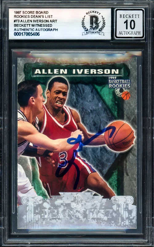 Allen Iverson Autographed 1997 Score Board Rookies Dean's List Rookie Card #73 Philadelphia 76ers Auto Grade Gem Mint 10 Beckett BAS Witness #17005406