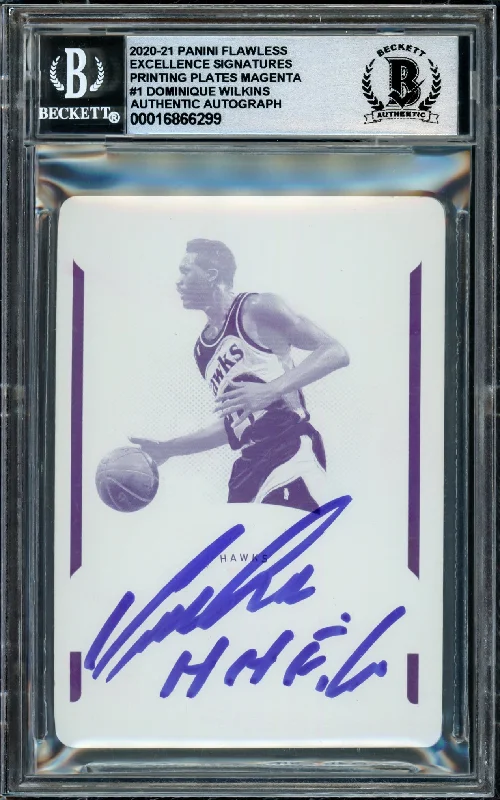 Dominique Wilkins Autographed 2020-21 Panini Flawless Excellence Printing Plates Magenta Card #1 Atlanta Hawks Auto Grade Gem Mint 10 "HH Film" #1/1 Beckett BAS Witness #16866299