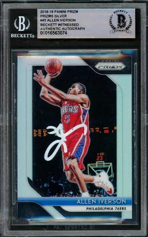 Allen Iverson Autographed 2018-19 Panini Prizm Prizms Silver Card #45 Philadelphia 76ers Beckett BAS Witnessed #16563074