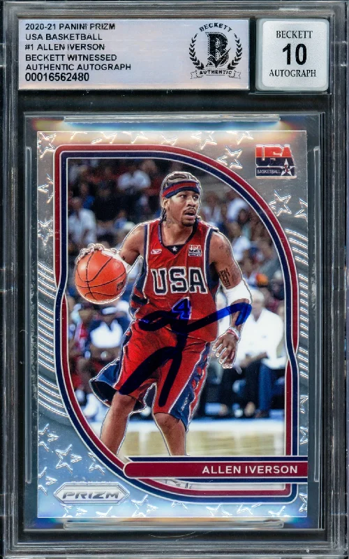 Allen Iverson Autographed 2020-21 Panini Prizm USA Card #1 Philadelphia 76ers Auto Grade Gem Mint 10 Beckett BAS Witnessed #16562480