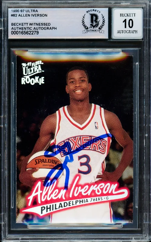 Allen Iverson Autographed 1996-97 Fleer Ultra Rookie Card #82 Card Philadelphia 76ers Auto Grade Gem Mint 10 Beckett BAS Witness