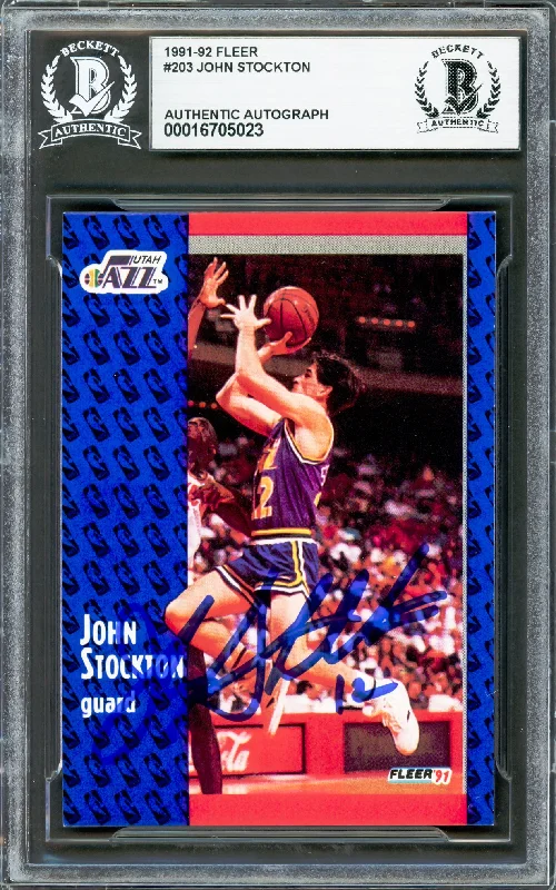 John Stockton Autographed 1991-92 Fleer Card #203 Utah Jazz Beckett BAS #16705023