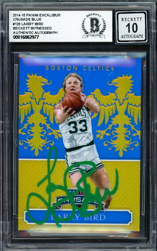 Larry Bird Autographed 2014-15 Panini Excalibur Crusade Blue Card #128 Boston Celtics Auto Grade Gem Mint 10 #084/149 Beckett BAS Witness #16862977