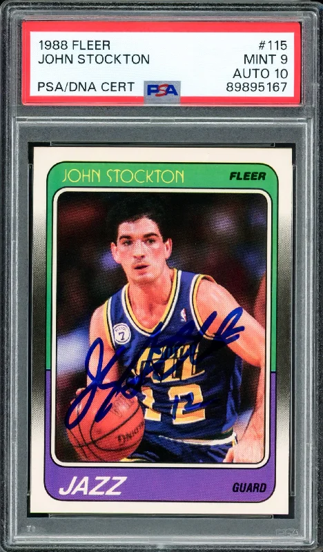 John Stockton Autographed 1988-89 Fleer Rookie Card #115 Utah Jazz PSA 9 Auto Grade Gem Mint 10 PSA/DNA #89895167