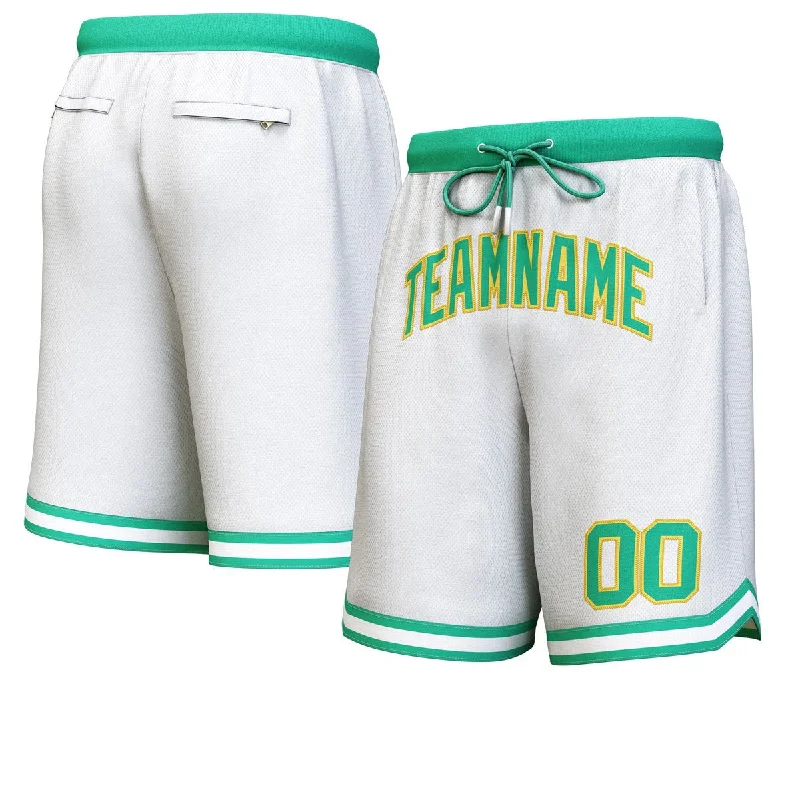 Custom White Green-Yellow Personalized Basketball Shorts