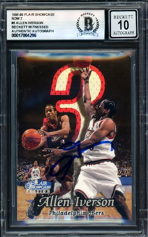 Allen Iverson Autographed 1998-99 Flair Showcase Row 2 Card #6 Philadelphia 76ers Auto Grade Gem Mint 10 Beckett BAS Witness #17004296