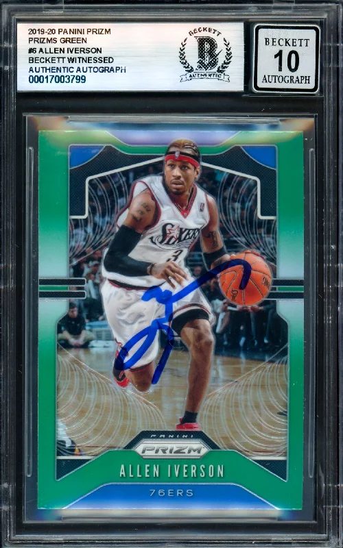 Allen Iverson Autographed 2019-20 Panini Prizm Prizms Green Card #6 Philadelphia 76ers Auto Grade Gem Mint 10 Beckett BAS Witness #17003799