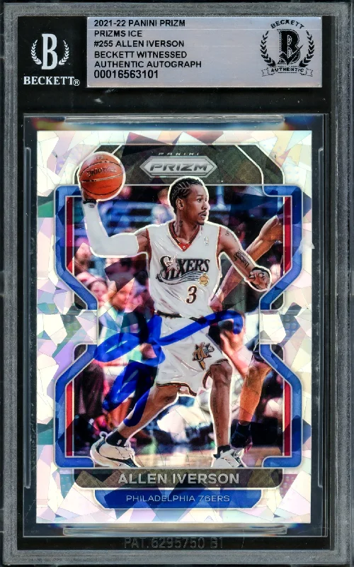 Allen Iverson Autographed 2021-22 Panini Prizm Prizms Ice Card #255 Philadelphia 76ers Beckett BAS Witnessed #16563101