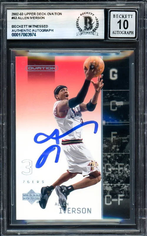 Allen Iverson Autographed 2002-03 Upper Deck Ovation Card #63 Philadelphia 76ers Auto Grade Gem Mint 10 Beckett BAS Witness #17003974