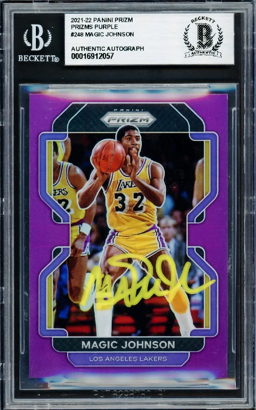 Magic Johnson Autographed 2021-22 Panini Prizm Prizms Purple Card #248 Card Los Angeles Lakers #/99 Beckett BAS