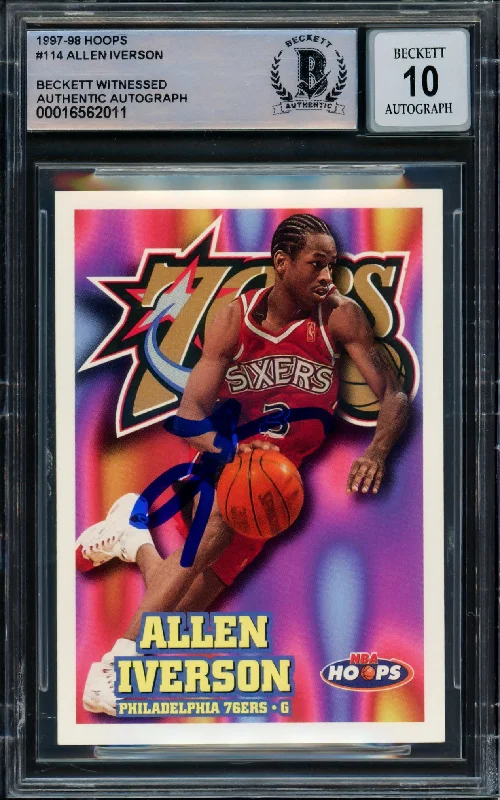 Allen Iverson Autographed 1997-98 Hoops Card #114 Philadelphia 76ers Auto Grade Gem Mint 10 Beckett BAS Witnessed #16562011