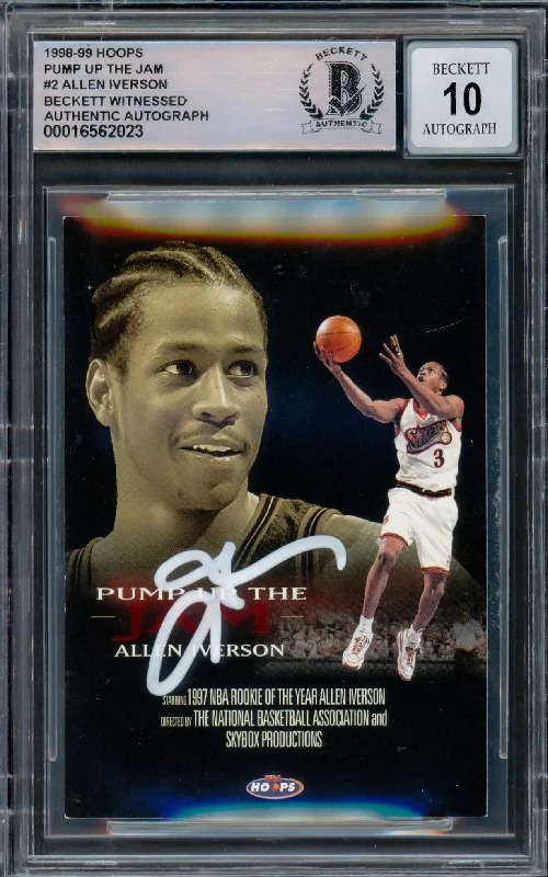 Allen Iverson Autographed 1998-99 Hoops Pump Up The Jam Card #2 Philadelphia 76ers Auto Grade Gem Mint 10 Beckett BAS Witnessed #16562023