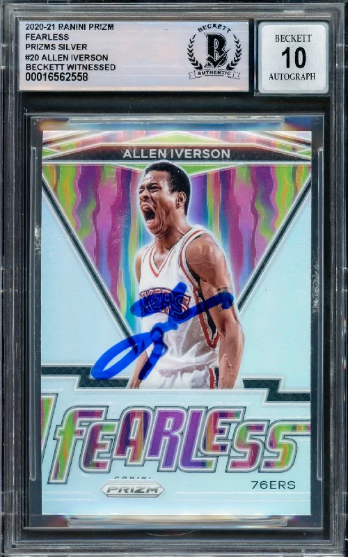 Allen Iverson Autographed 2020-21 Panini Prizm Fearless Prizms Silver Card #20 Philadelphia 76ers Auto Grade Gem Mint 10 Beckett BAS Witnessed #16562558