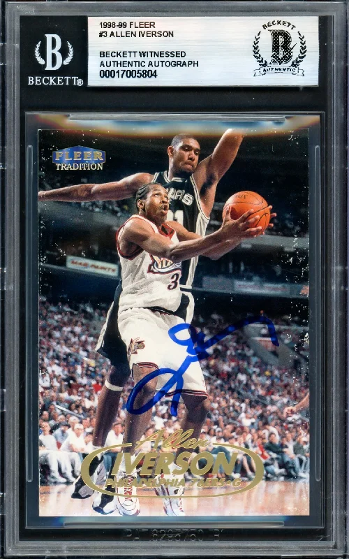 Allen Iverson Autographed 1998-99 Fleer Card #3 Philadelphia 76ers Beckett BAS Witness #17005804