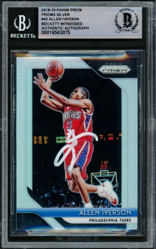 Allen Iverson Autographed 2018-19 Panini Prizm Prizms Silver Card #45 Philadelphia 76ers Beckett BAS Witnessed #16563075