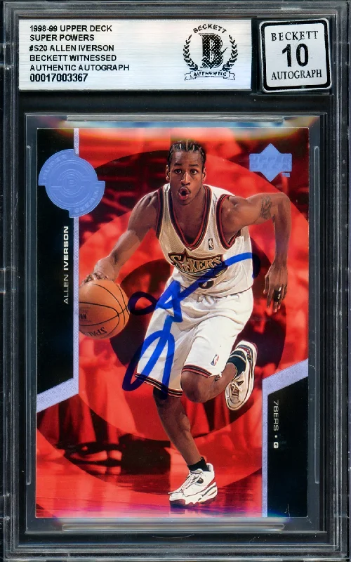 Allen Iverson Autographed 1998-99 Upper Deck Super Powers Card #S20 Philadelphia 76ers Auto Grade Gem Mint 10 Beckett BAS Witness #17003367