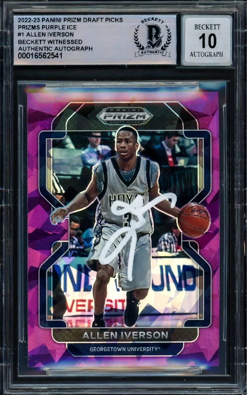 Allen Iverson Autographed 2022-23 Panini Prizm Draft Picks Prizms Purple Ice Card #1 Georgetown Hoyas Auto Grade Gem Mint 10 #90/149 Beckett BAS Witnessed #16562541