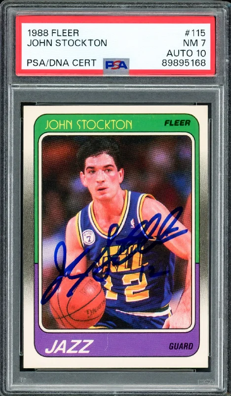 John Stockton Autographed 1988-89 Fleer Rookie Card #115 Utah Jazz PSA 7 Auto Grade Gem Mint 10 PSA/DNA #89895168