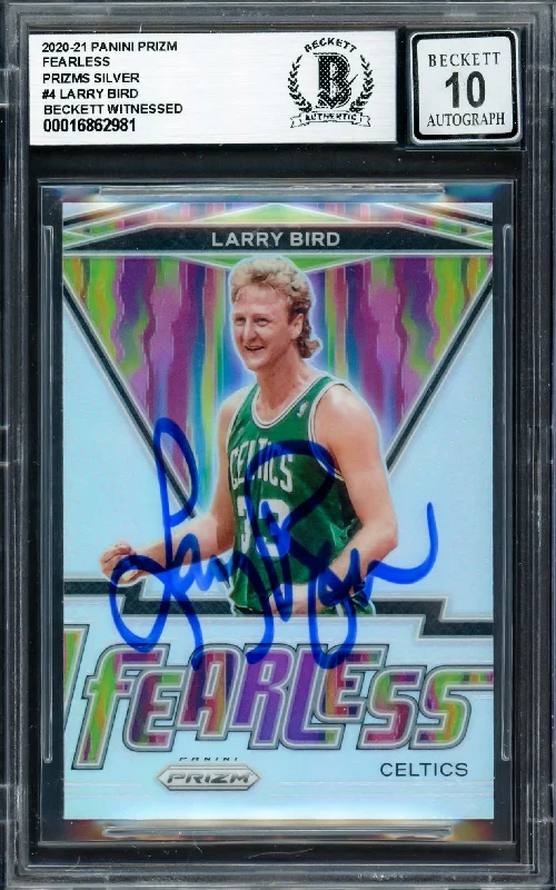 Larry Bird Autographed 2020-21 Panini Prizm Fearless Prizms Silver Card #4 Boston Celtics Auto Grade Gem Mint 10 Beckett BAS Witness #16862981