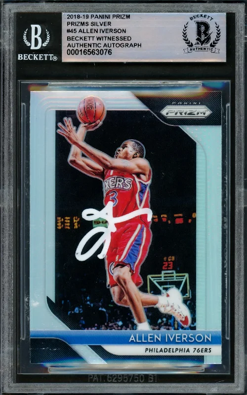 Allen Iverson Autographed 2018-19 Panini Prizm Prizms Silver Card #45 Philadelphia 76ers Beckett BAS Witnessed #16563076