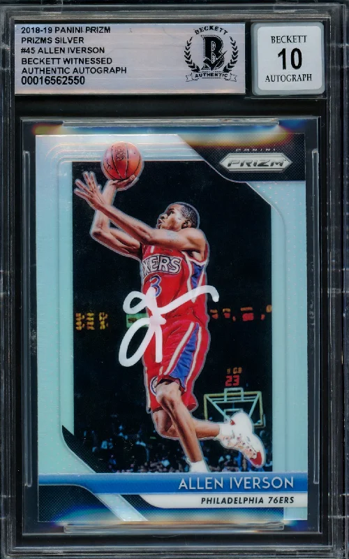 Allen Iverson Autographed 2018-19 Panini Prizm Prizms Silver Card #45 Philadelphia 76ers Auto Grade Gem Mint 10 Beckett BAS Witnessed