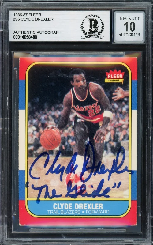 Clyde Drexler Autographed 1986 Fleer Rookie Card #26 Portland Trail Blazers Auto Grade Gem Mint 10 "The Glide" Beckett BAS #14058480