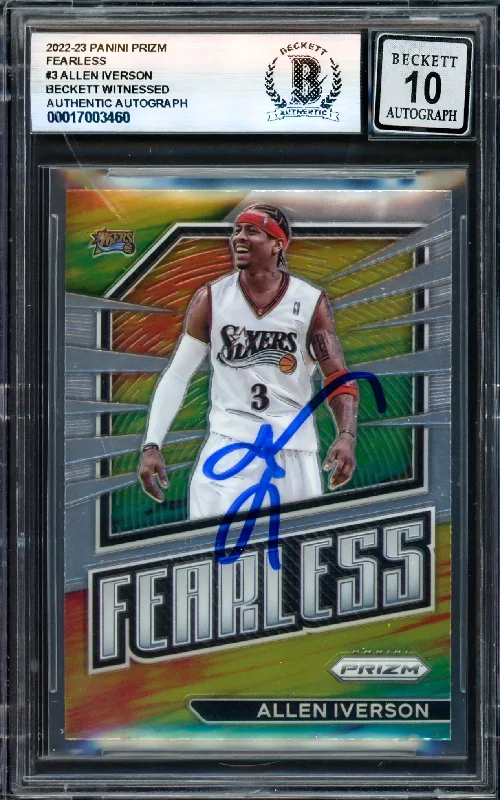 Allen Iverson Autographed 2022-23 Panini Prizm Fearless Card #3 Philadelphia 76ers Auto Grade Gem Mint 10 Beckett BAS Witness #17003460