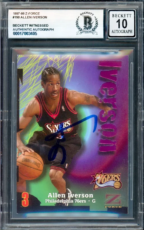 Allen Iverson Autographed 1997-98 Z-Force Card #150 Philadelphia 76ers Auto Grade Gem Mint 10 Beckett BAS Witness #17003405